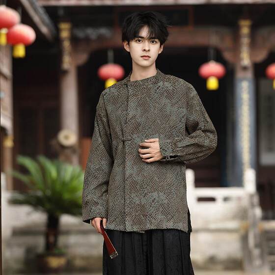 Three Provinces and Six Departments [Eight Banners] New Chinese Style Round Neck Python Pattern Jacquard Modified Chinese Coat with Buckle Coat