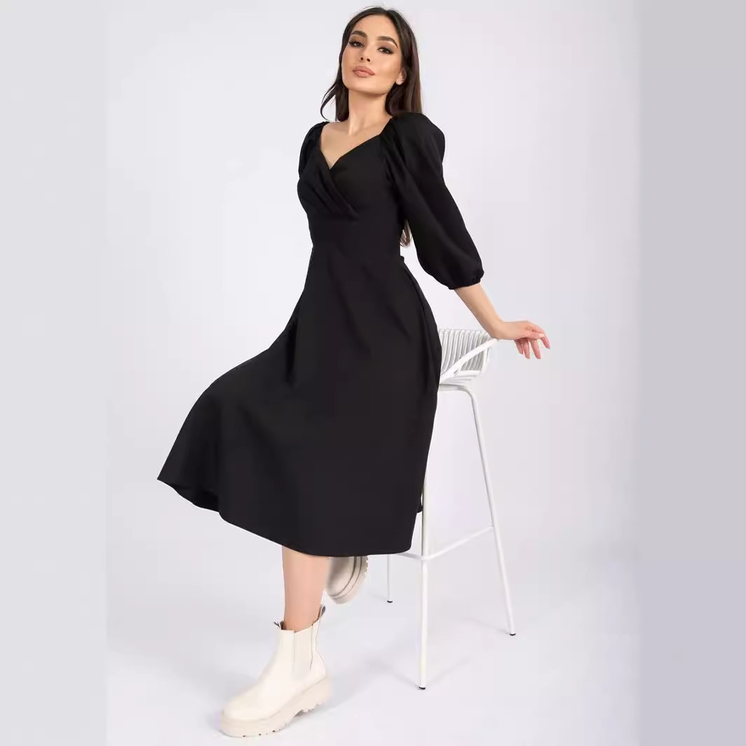 23105 Comercio exterior ropa de mujer estación independiente primavera moda cuello en V cintura apretada puff manga temperamento vestido mujeres con bolsillos