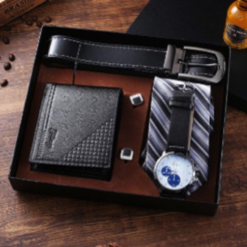 Reloj de los hombres traje de regalo falso de dos ojos reloj de cuarzo gafas + cinturón + cartera + llavero + + conjunto de la pluma