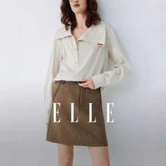 ELLE咖色条纹肌理感不规则翻领衬衫女2025秋季新款设计感小众衬衣