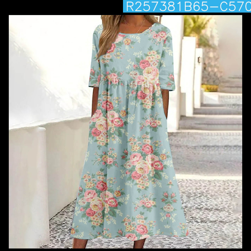 Women's Mid-Waist Summer Casual Round Neck Printed Flared Dress_ecoleips.com