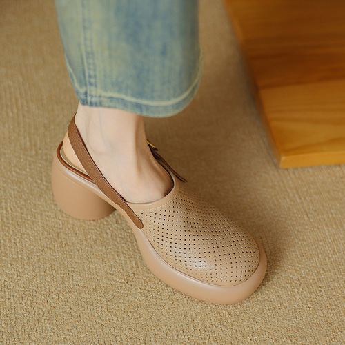 Baotou Sponge Cake Thick Sole Hollow Sandals Women's Summer Chunky Heel Round Toe Buckle Strap Open Back Roman Shoes