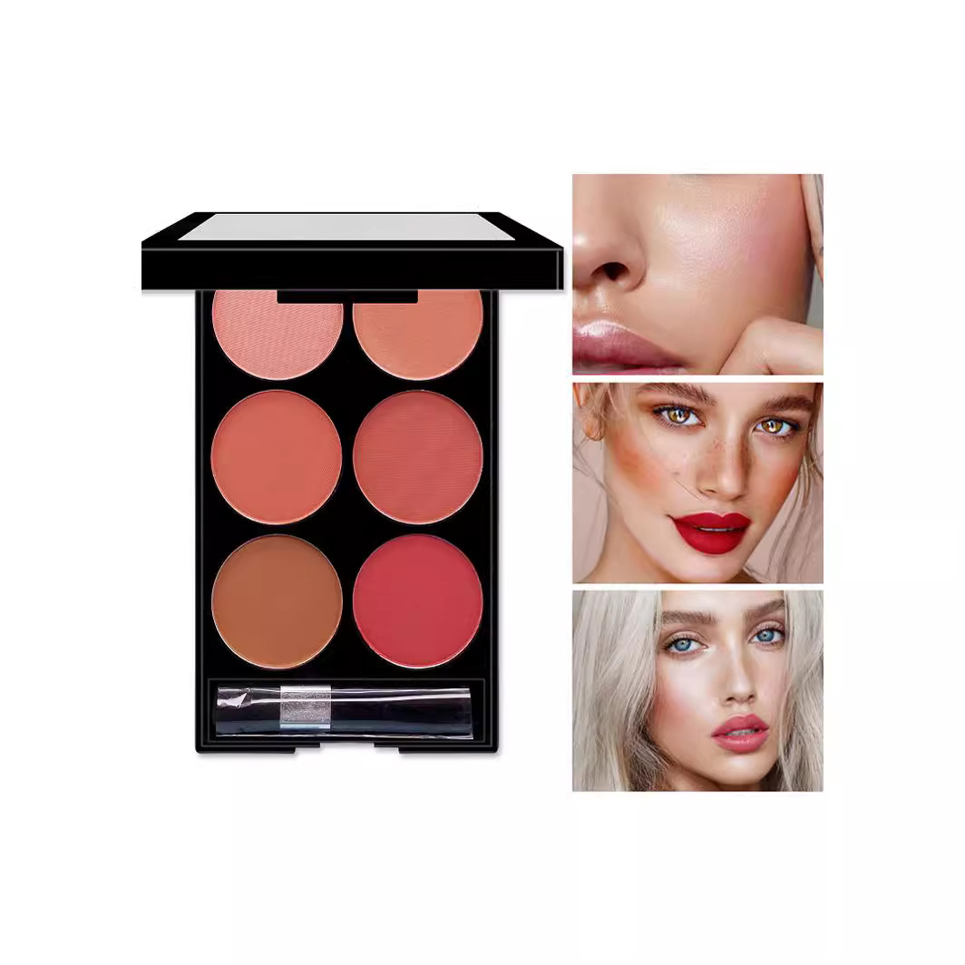seks farger blush contour palett makeup lat palett delikat hudvennlig lysende hudfarge høyglans matt øyenskyggepalett_voghion.com