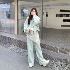 特大码300斤休闲连帽卫衣套装女春秋胖MM蕾丝高腰显瘦长裤三件套2