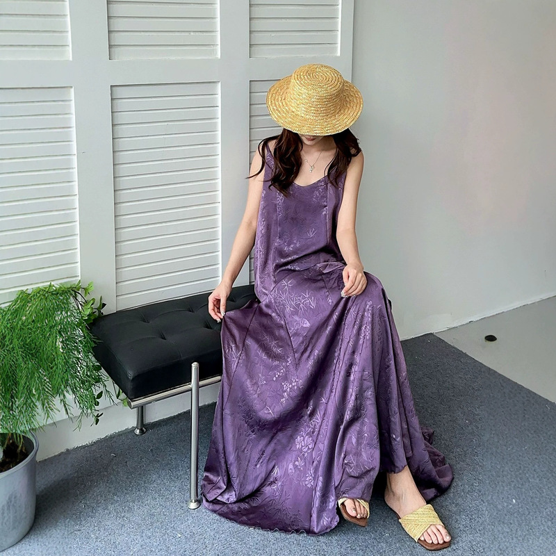 Step-By-Step Elegance: Imitation Acetate Satin Slip Dress, Extended Length, Draped Mermaid Skirt, New Chinese Style, National Style, Retro Dress