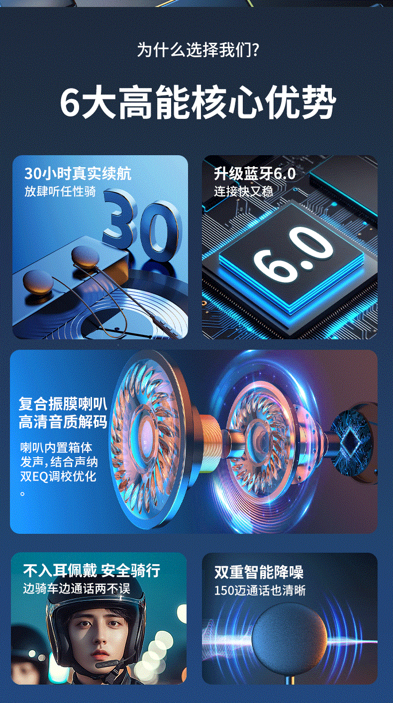 Suitable for Hengjiang BT30 built-in integrated helmet Bluetooth headset, universal for full-face and half-face helmets, waterproof with long battery life