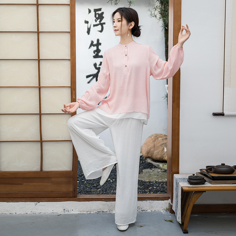 2025 秋冬長袖エスニックスタイル綿とリネン禅在家服瞑想スーツ中国風茶服健康耳かきスーツ|undefined