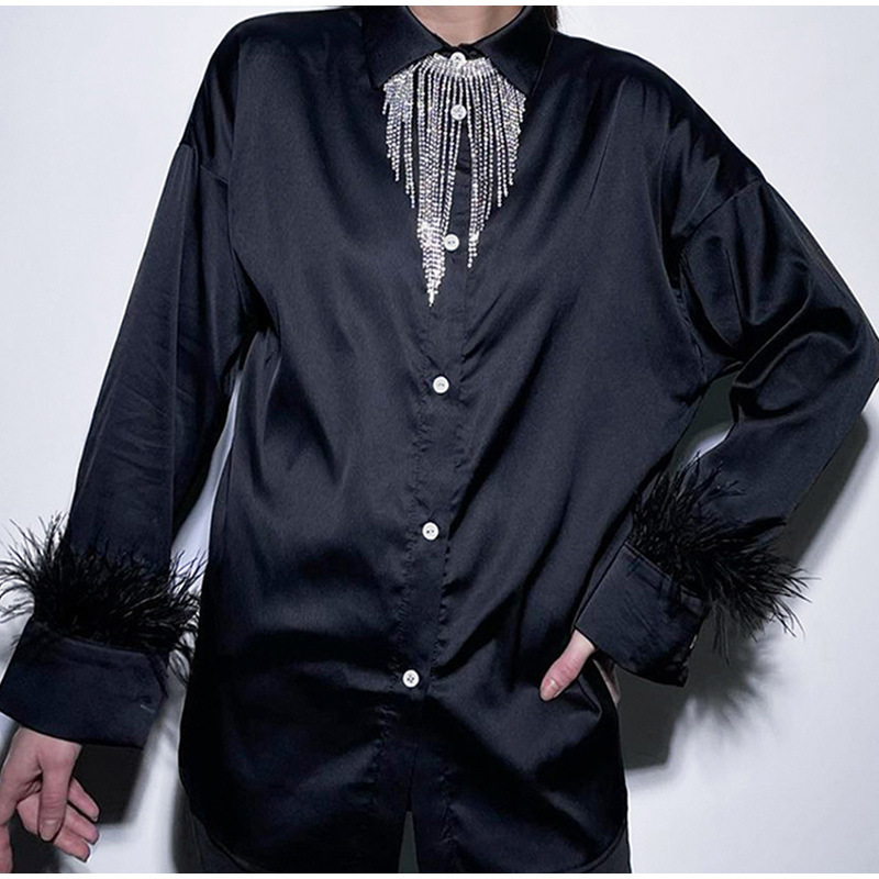 solid color ice silk feather stitching long sleeve shirt NSSFN137836