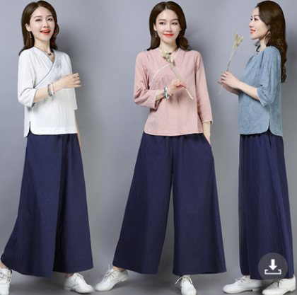 Autumn 2023 Chinese style cotton linen yoga clothes suit women's tea clothing Hanfu top wide leg pants two-piece suit