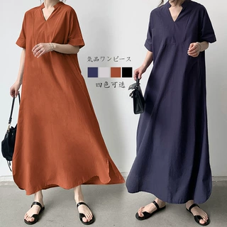 日系新款连衣裙通勤女夏季复古气质休闲纯色宽松大摆裙长裙女外贸