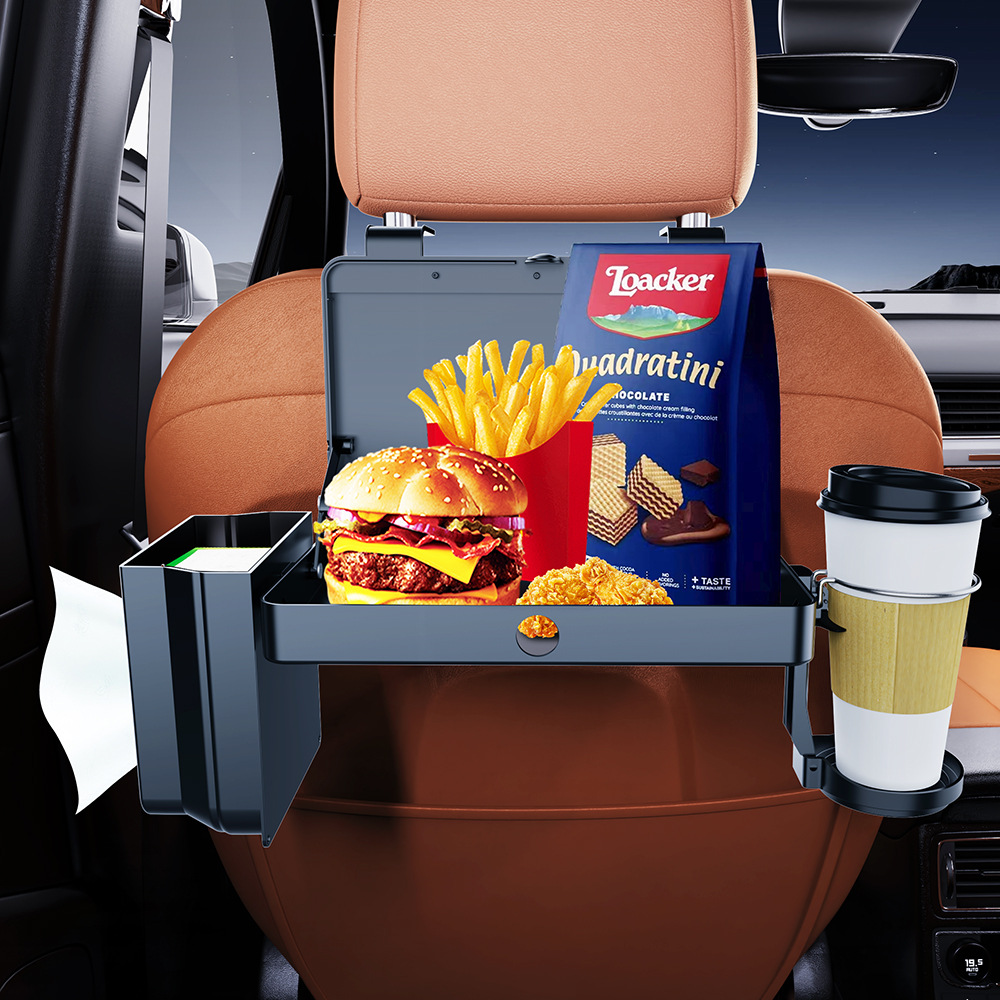 Multifunctional Car Table Tray with Cup Holder, Convenient Foldable Storage for Rear Seat, Trash Bin, and Tissue Box