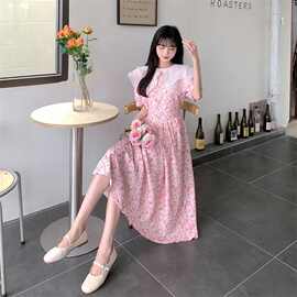 2025夏季新款小清新甜美荷叶边娃娃领短袖碎花收腰中长连衣裙女薄