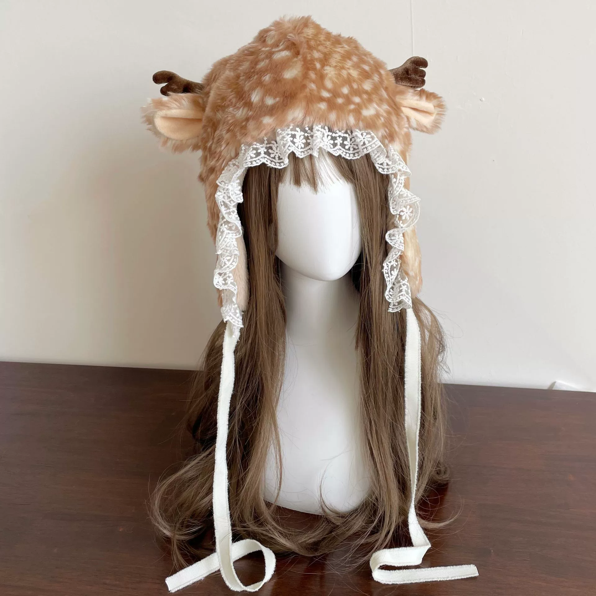 Plush Mori Hat (Mori) Deer Lace Bonnet, Thick Warm Faux-Fur, Cute Japanese Lolita Style