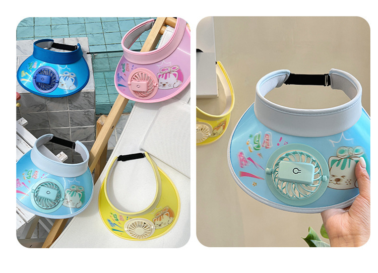 Sonnenhut mit USB-Ventilator für Kinder, wiederaufladbar, Kühlkappe mit breiter Krempe, LSF 50+, Cartoon-Design, verstellbar, für Spiele im Freien, leicht, atmungsaktiv_voghion.com