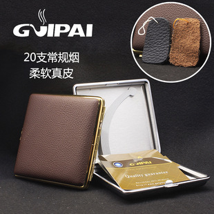 GUIPAI 20 Pack Stainless Steel Clip Top Layer Cowhide Cigarette Case Men's Premium Gift Leather Cigarette Case
