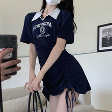 辣妹抽绳polo领短袖连衣裙女夏季纯欲美式复古褶皱收腰显瘦短裙子