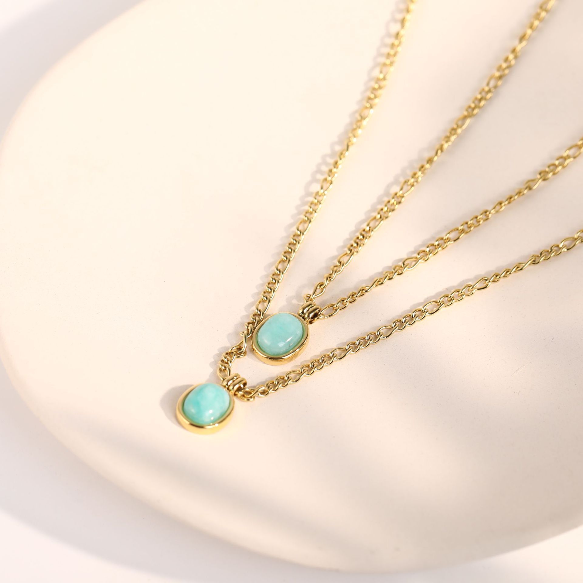 fashion mint green Roman natural stone oval clavicle chain titanium steel necklace