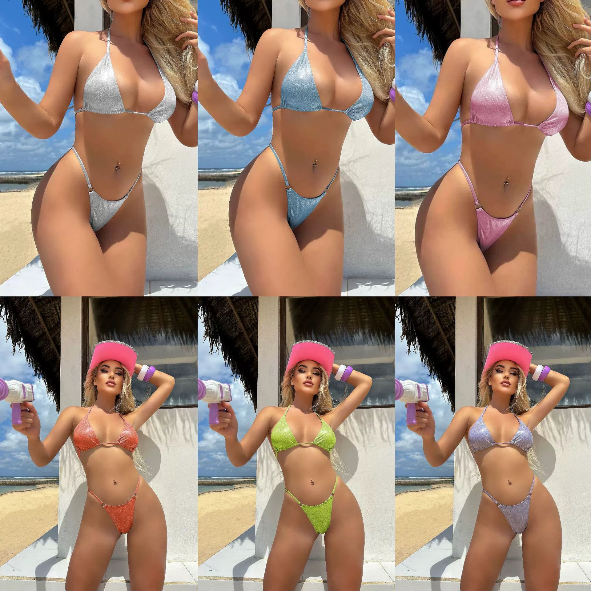 2025 европейское и американское новое трансграничное сексуальное Т-образное блестящее бикини с разрезом, трансграничный экспорт