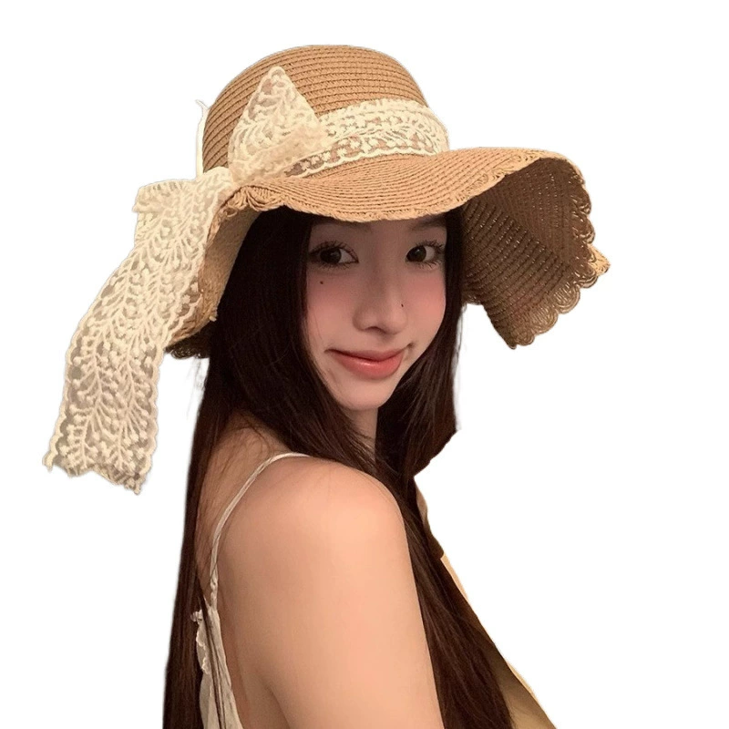 Beach hat vacation fashionable summer sun protection sunshade sweet fisherman breathable lace bow big veil women