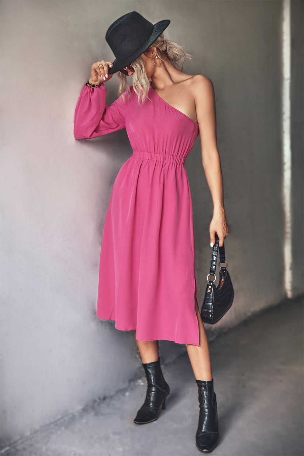 solid color oblique shoulder single long sleeve dress NSLNZ136800