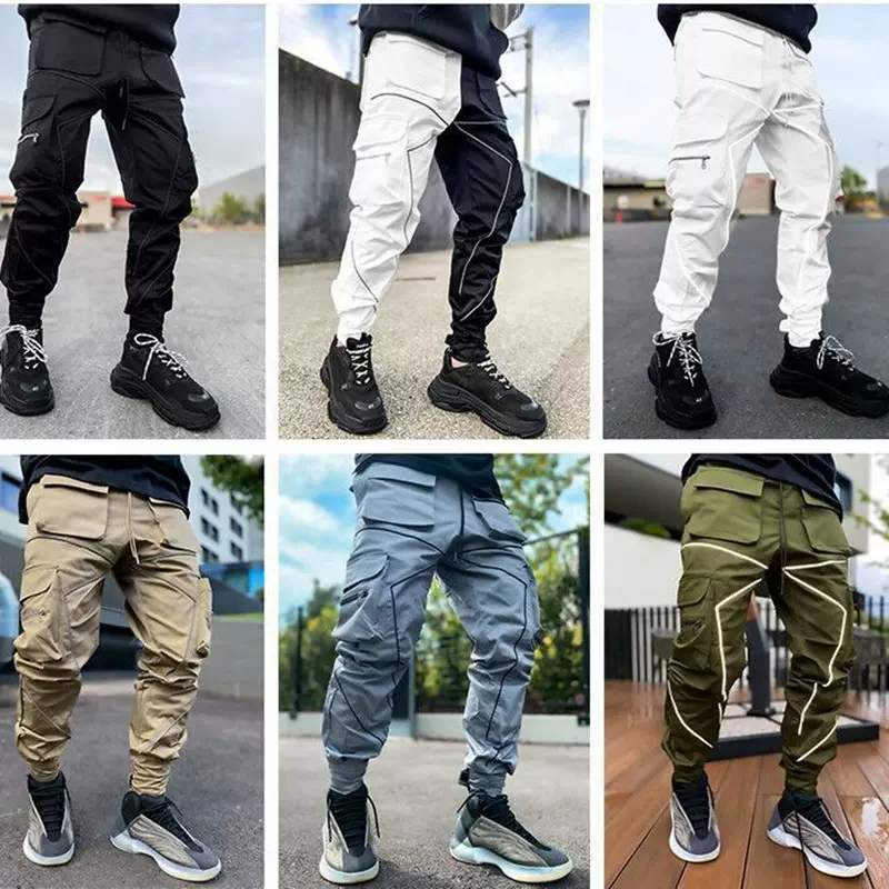 外贸男士休闲裤韩版潮牌大码直筒工装裤男个性多口袋反光运动长裤