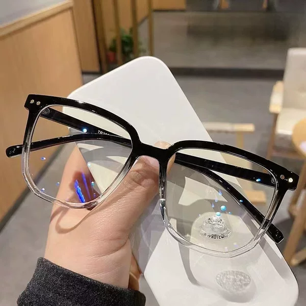 Internet Celebrity's Same Style Transparent Glasses with Square Frames for Myopia Men and Women, Flat Light, Large Round Face, Radiation Protection, Slimming Look, Anti-Blue Light Plastic Teeth