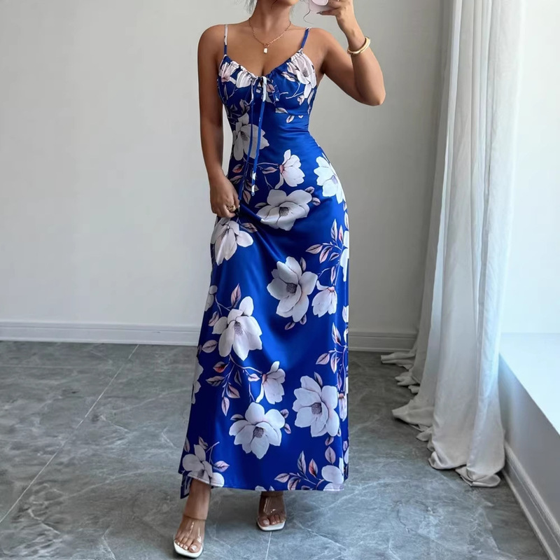 European and American 2026 New Cross-Border Women's Fashion French-Style Printed Spaghetti Strap Dress, Foreign Trade Satin Glossy Casual Long Dress European and American 2026 New Cross-Border Women's Fashion French-Style Printed Spaghetti Strap Dress, Foreign Trade Satin Glossy Casual Long Dress