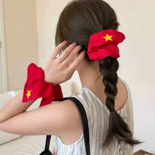 国庆节大红色五角星发圈中国红方巾女头饰高弹力皮筋2025新款头饰