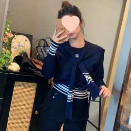 早秋新款海军风假两件披肩条纹长袖针织衫女修身减龄气质上衣其他