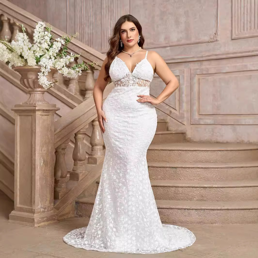 Women's Clothing large size sexy trailing white sling V neck trailing wedding dress without chest cotton_voghion.com