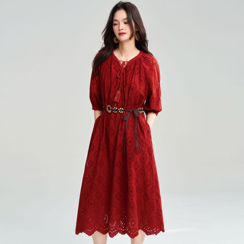 Summer 100% Combed Cotton Hollow-Out Embroidered Bohemian Vacation Style Dress 25052