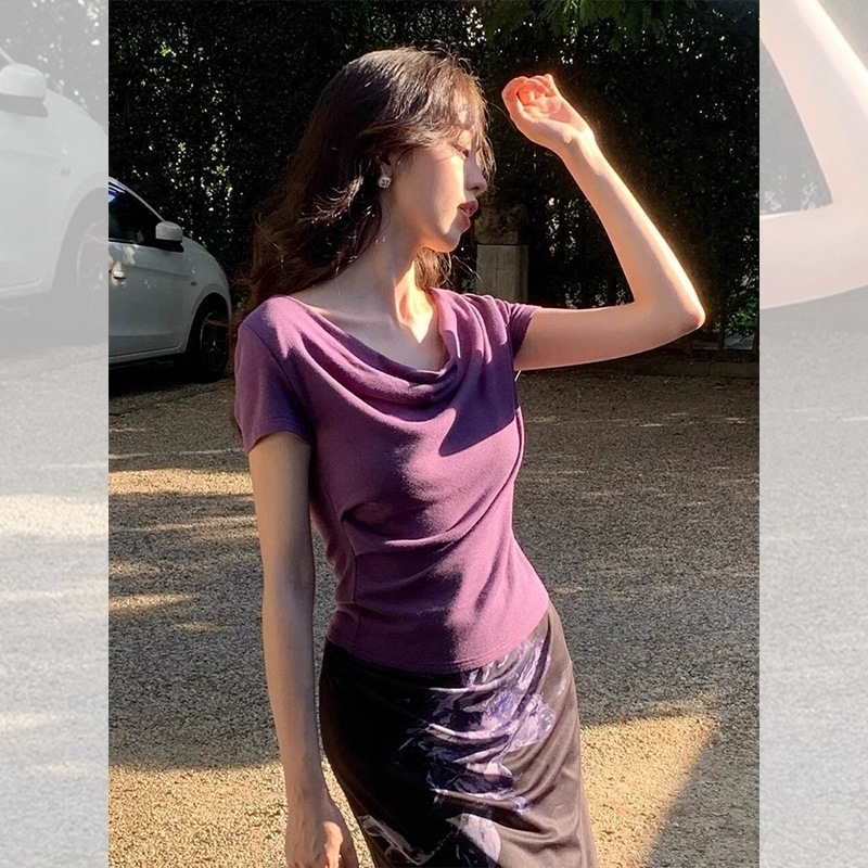 260克莫代尔紫色不规则修身荡领短款上衣女设计感小众正肩短袖T恤|undefined