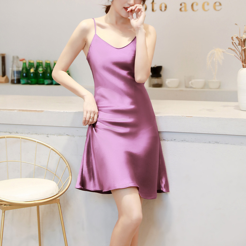 Acetate Satin Dress, Classy Suspender V Neck Skirt, Elegant, Slimming Look, Silky and Drapedy Mid-Skirt for Small People