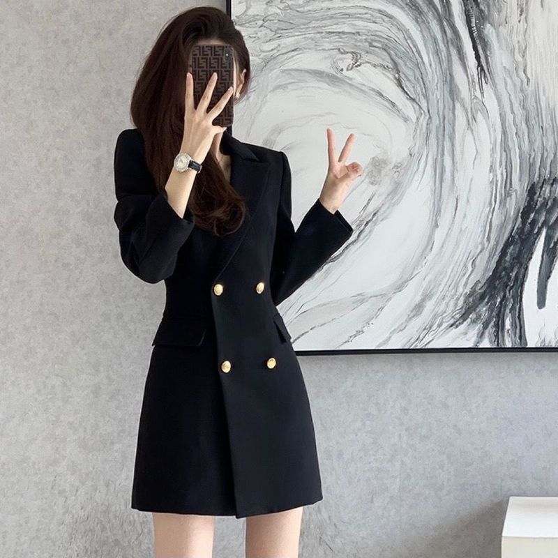西装连衣裙女2025新款春秋韩版气质时尚修身收腰小个子职业中长裙|undefined