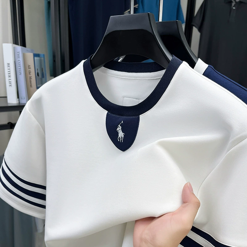 Мужская летняя свободная модная брендовая хлопковая футболка с цветными блоками и вышивкой логотипа пони, простая футболка с круглым вырезом и металлическим логотипом на спине.