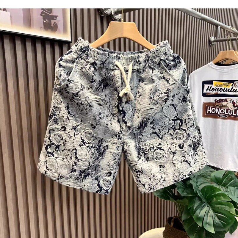 Summer New Design Floral Denim Shorts Men's Fashionable All-match Loose Blue and White Porcelain Pants Casual Pants