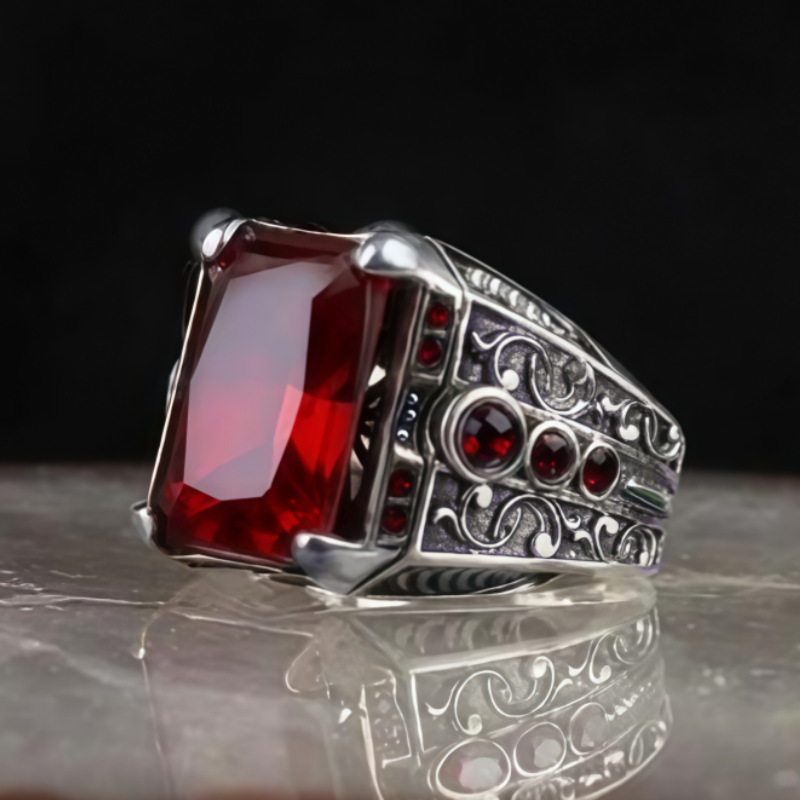 European and American Textured Vintage Men's Diamond Silver Hand-Carved Symbol Ring Inlaid with Red Synthetic Zircon