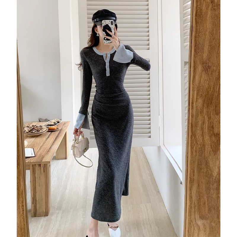 (2개) 가을 틈새 디자인 대비 컬러 스티칭 버튼 긴팔 원피스 여성용 타이트 허리 슬림 핏 힙합 랩 스커트 우아한 롱 스커트