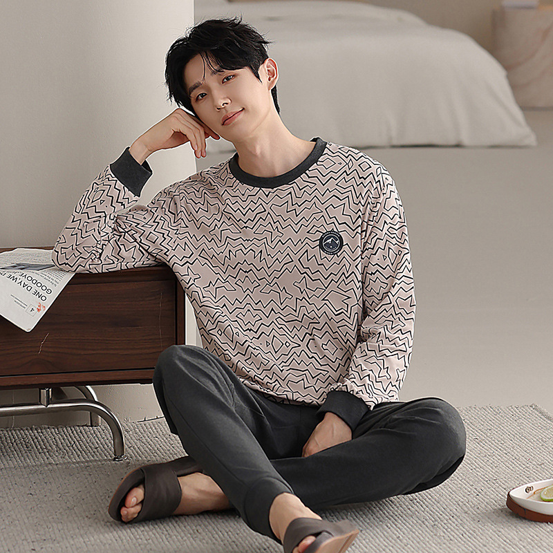 Youguo Spring and Autumn Pure Cotton Men's Pajamas Long-Sleeved Pure Cotton Casual Teenagers and Students Pure Cotton Home Clothes Two-Piece Suit