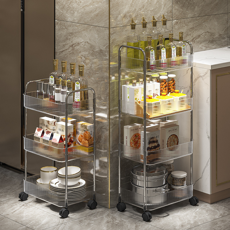High-End Home Kitchen Transparent White Storage Rack Simple Mobile Trolley Bathroom Storage Rack Floor-Standing Storage Rack