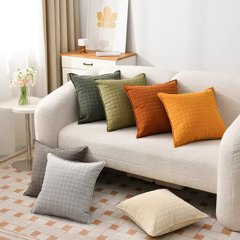 绗缝抱枕套磨砂绒加厚靠垫套立体方块沙发北欧简约靠背套格子纹