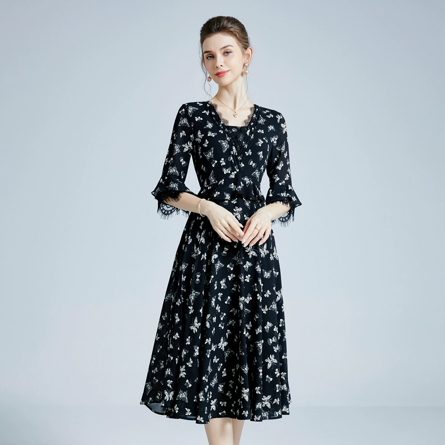 Весна-лето 2024, тонкое платье больших размеров, новое платье для мамы среднего возраста, Высококачественная Женская юбка с цветочным принтом, цельная доставка