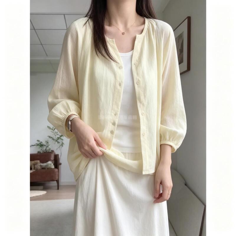 Yellow Linen Sun Protection Shirt for Women, Summer Thin Jacket, Loose Chiffon Long-Sleeved Shirt, Short Top, Cardigan Outerwear