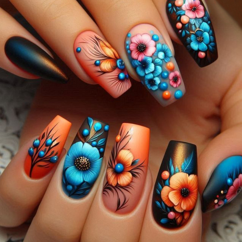 Wear Nail Ballet Black Spring and Summer Fashion Plant Flower Pattern Printed Matte Fake Nail Manicure Nail Pieces Wear Nail Ballet Black Spring and Summer Fashion Plant Flower Pattern Printed Matte Fake Nail Manicure Nail Pieces