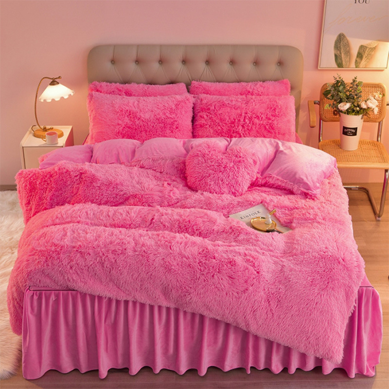 Sábana de cuatro piezas para cama de terciopelo de visón grueso, funda de edredón de felpa cálida de invierno, juego de cuatro piezas de terciopelo de cristal de color sólido