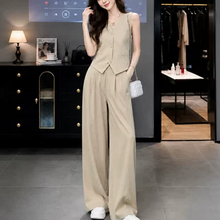 韩系西装一整套穿搭轻熟V领无袖阔腿裤休闲运动两件套装女夏设计