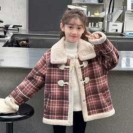 女童加绒格子呢大衣2025冬季新款中大童韩版休闲洋气加厚外套批发