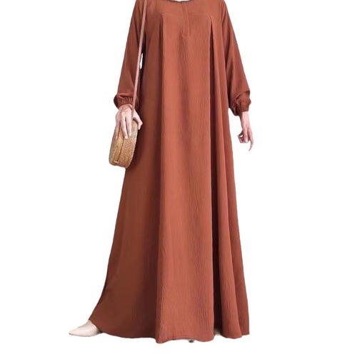 Eastern Pure Color Long Sleeve Zipper Crew Neck Dress Muslim Long Skirt Factory Wholesale Elegant