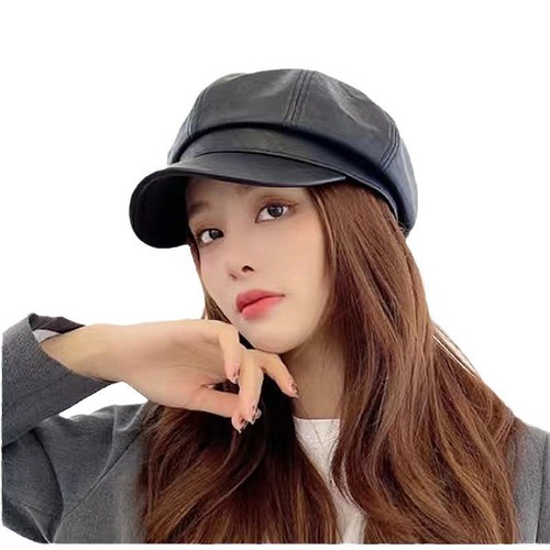 Hat women's Korean style octagonal hat showing face small PU leather peaked hat autumn British trend painter's hat beret