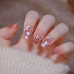 Gentle and elegant style wearable nail art patch ice transparent cherry blossom magic mirror powder medium long removable fake nail patch